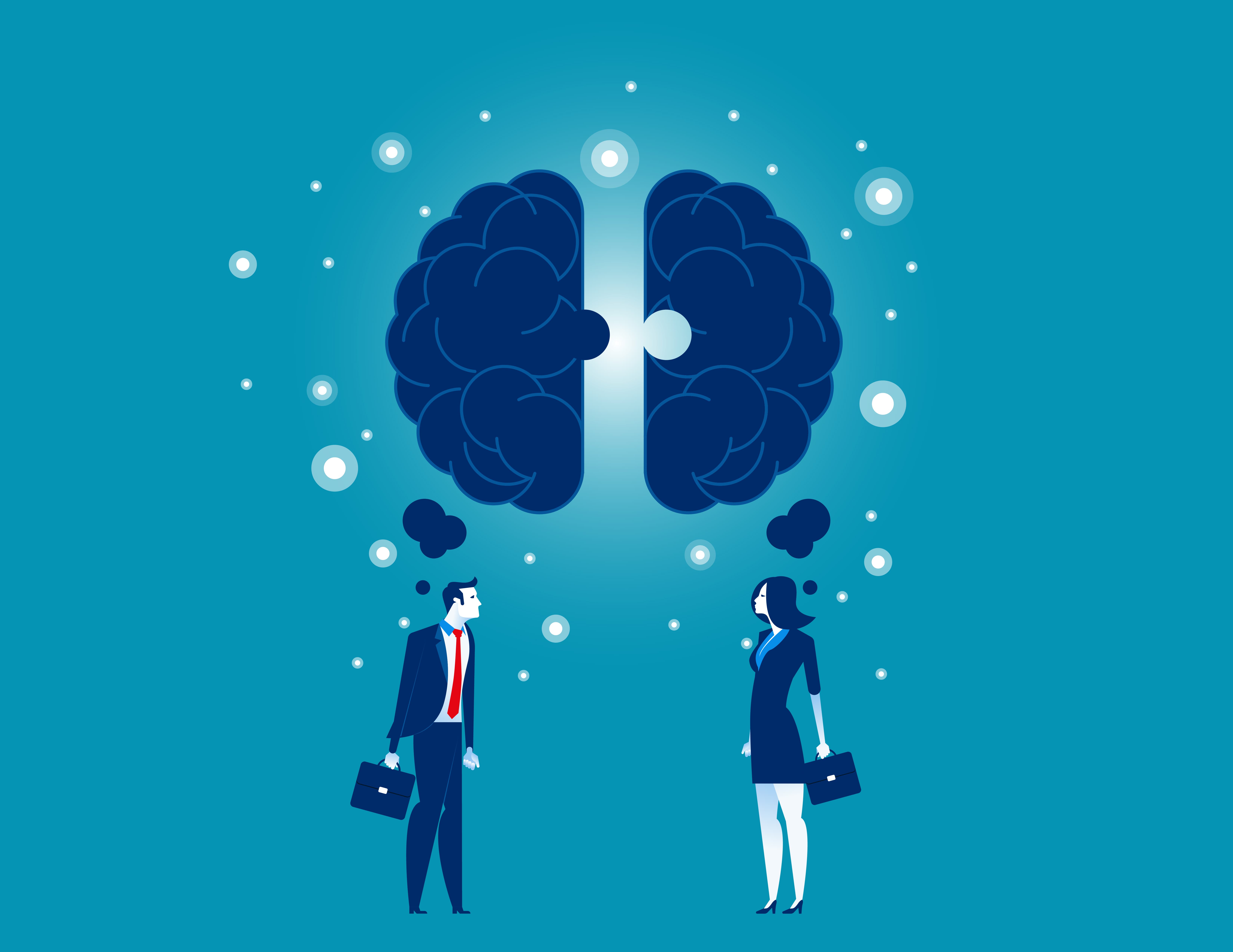 Illustration eines Mannes und einer Frau im Business-Outfit, die zu einem großen stilisierten Gehirn über ihnen aufblicken. Das Gehirn ist in zwei Hälften geteilt und von leuchtenden Punkten umgeben; die Darstellung symbolisiert Denken, Wissen oder geistige Zusammenarbeit.