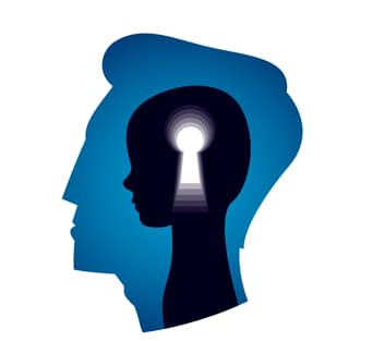 Stilisierte Darstellung eines erwachsenen Kopfprofils in Blau mit dem Profil eines Kindes im Inneren. Im Kopf des Kindes befindet sich ein leuchtendes Schlüsselloch als Symbol für Zugang zu Wissen, Entwicklung oder Erkenntnis.