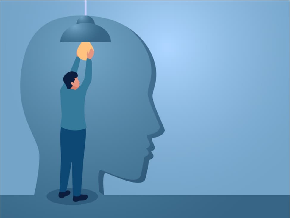 Illustration eines Mannes, der eine Lampe unter einer großen, stilisierten menschlichen Kopfsilhouette anbringt. Die Darstellung symbolisiert eine Idee, Erkenntnis oder einen neuen Gedanken.
